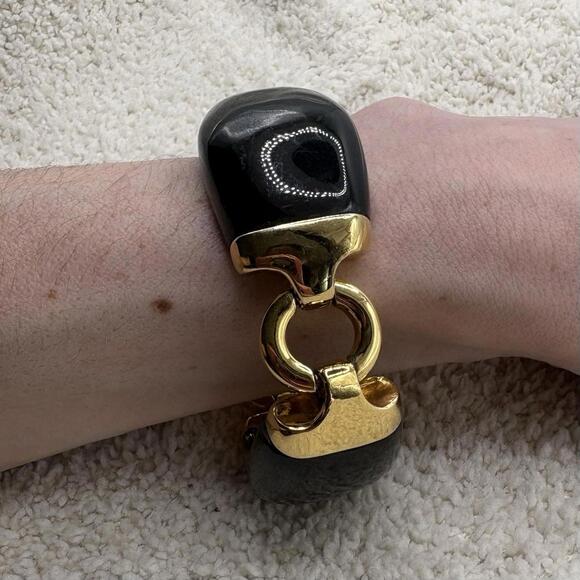 J Crew Gold Tone Black Enamel Link Bracelet Chunky Statement - Picture 3 of 6